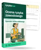 Pudełko dokumentu „Ocena ryzyka zawodowego” ze znakiem Ryzykomat i napisem „Plik Word (DOCX)” na froncie, ilustracja stanowiska „Operator wózka widłowego”; zza pudełka wystaje strona prawdziwego dokumentu z rozmytą treścią