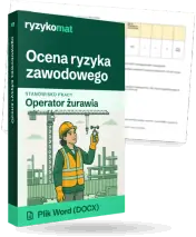 Pudełko dokumentu „Ocena ryzyka zawodowego” ze znakiem Ryzykomat i napisem „Plik Word (DOCX)” na froncie, ilustracja stanowiska „Operator żurawia”; zza pudełka wystaje strona prawdziwego dokumentu z rozmytą treścią