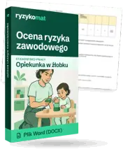 Pudełko dokumentu „Ocena ryzyka zawodowego” ze znakiem Ryzykomat i napisem „Plik Word (DOCX)” na froncie, ilustracja stanowiska „Opiekunka w żłobku”; zza pudełka wystaje strona prawdziwego dokumentu z rozmytą treścią
