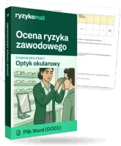 Pudełko dokumentu „Ocena ryzyka zawodowego” ze znakiem Ryzykomat i napisem „Plik Word (DOCX)” na froncie, ilustracja stanowiska „Optyk okularowy”; zza pudełka wystaje strona prawdziwego dokumentu z rozmytą treścią