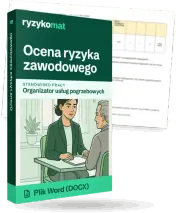 Pudełko dokumentu „Ocena ryzyka zawodowego” ze znakiem Ryzykomat i napisem „Plik Word (DOCX)” na froncie, ilustracja stanowiska „Organizator usług pogrzebowych”; zza pudełka wystaje strona prawdziwego dokumentu z rozmytą treścią