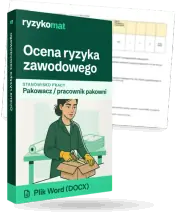 Pudełko dokumentu „Ocena ryzyka zawodowego” ze znakiem Ryzykomat i napisem „Plik Word (DOCX)” na froncie, ilustracja stanowiska „Pakowacz / pracownik pakowni”; zza pudełka wystaje strona prawdziwego dokumentu z rozmytą treścią