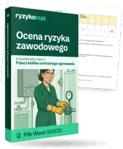 Pudełko dokumentu „Ocena ryzyka zawodowego” ze znakiem Ryzykomat i napisem „Plik Word (DOCX)” na froncie, ilustracja stanowiska „Palacz kotłów centralnego ogrzewania”; zza pudełka wystaje strona prawdziwego dokumentu z rozmytą treścią