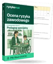 Pudełko dokumentu „Ocena ryzyka zawodowego” ze znakiem Ryzykomat i napisem „Plik Word (DOCX)” na froncie, ilustracja stanowiska „Pedagog specjalny”; zza pudełka wystaje strona prawdziwego dokumentu z rozmytą treścią