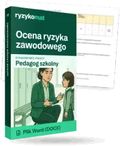 Pudełko dokumentu „Ocena ryzyka zawodowego” ze znakiem Ryzykomat i napisem „Plik Word (DOCX)” na froncie, ilustracja stanowiska „Pedagog szkolny”; zza pudełka wystaje strona prawdziwego dokumentu z rozmytą treścią