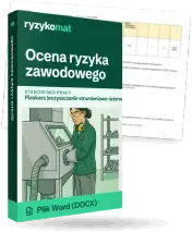 Pudełko dokumentu „Ocena ryzyka zawodowego” ze znakiem Ryzykomat i napisem „Plik Word (DOCX)” na froncie, ilustracja stanowiska „Piaskarz (oczyszczanie strumieniowo-ścierne)”; zza pudełka wystaje strona prawdziwego dokumentu z rozmytą treścią
