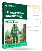 Pudełko dokumentu „Ocena ryzyka zawodowego” ze znakiem Ryzykomat i napisem „Plik Word (DOCX)” na froncie, ilustracja stanowiska „Pilarz / drwal”; zza pudełka wystaje strona prawdziwego dokumentu z rozmytą treścią