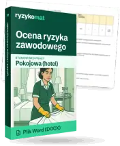 Pudełko dokumentu „Ocena ryzyka zawodowego” ze znakiem Ryzykomat i napisem „Plik Word (DOCX)” na froncie, ilustracja stanowiska „Pokojowa (hotel)”; zza pudełka wystaje strona prawdziwego dokumentu z rozmytą treścią
