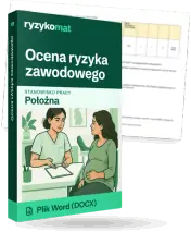 Pudełko dokumentu „Ocena ryzyka zawodowego” ze znakiem Ryzykomat i napisem „Plik Word (DOCX)” na froncie, ilustracja stanowiska „Położna”; zza pudełka wystaje strona prawdziwego dokumentu z rozmytą treścią