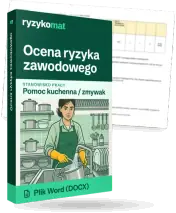 Pudełko dokumentu „Ocena ryzyka zawodowego” ze znakiem Ryzykomat i napisem „Plik Word (DOCX)” na froncie, ilustracja stanowiska „Pomoc kuchenna / zmywak”; zza pudełka wystaje strona prawdziwego dokumentu z rozmytą treścią