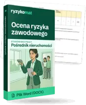 Pudełko dokumentu „Ocena ryzyka zawodowego” ze znakiem Ryzykomat i napisem „Plik Word (DOCX)” na froncie, ilustracja stanowiska „Pośrednik nieruchomości”; zza pudełka wystaje strona prawdziwego dokumentu z rozmytą treścią