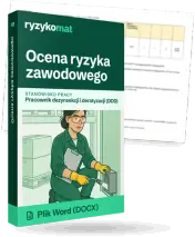 Pudełko dokumentu „Ocena ryzyka zawodowego” ze znakiem Ryzykomat i napisem „Plik Word (DOCX)” na froncie, ilustracja stanowiska „Pracownik dezynsekcji i deratyzacji (DDD)”; zza pudełka wystaje strona prawdziwego dokumentu z rozmytą treścią