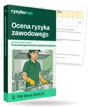 Pudełko dokumentu „Ocena ryzyka zawodowego” ze znakiem Ryzykomat i napisem „Plik Word (DOCX)” na froncie, ilustracja stanowiska „Pracownik gastronomii szybkiej obsługi (fast food)”; zza pudełka wystaje strona prawdziwego dokumentu z rozmytą treścią