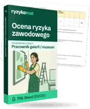 Pudełko dokumentu „Ocena ryzyka zawodowego” ze znakiem Ryzykomat i napisem „Plik Word (DOCX)” na froncie, ilustracja stanowiska „Pracownik galerii / muzeum”; zza pudełka wystaje strona prawdziwego dokumentu z rozmytą treścią