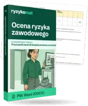 Pudełko dokumentu „Ocena ryzyka zawodowego” ze znakiem Ryzykomat i napisem „Plik Word (DOCX)” na froncie, ilustracja stanowiska „Pracownik kontroli bezpieczeństwa na lotnisku”; zza pudełka wystaje strona prawdziwego dokumentu z rozmytą treścią