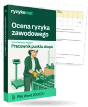 Pudełko dokumentu „Ocena ryzyka zawodowego” ze znakiem Ryzykomat i napisem „Plik Word (DOCX)” na froncie, ilustracja stanowiska „Pracownik punktu skupu”; zza pudełka wystaje strona prawdziwego dokumentu z rozmytą treścią