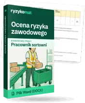 Pudełko dokumentu „Ocena ryzyka zawodowego” ze znakiem Ryzykomat i napisem „Plik Word (DOCX)” na froncie, ilustracja stanowiska „Pracownik sortowni”; zza pudełka wystaje strona prawdziwego dokumentu z rozmytą treścią