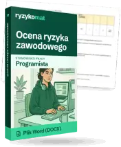 Pudełko dokumentu „Ocena ryzyka zawodowego” ze znakiem Ryzykomat i napisem „Plik Word (DOCX)” na froncie, ilustracja stanowiska „Programista”; zza pudełka wystaje strona prawdziwego dokumentu z rozmytą treścią