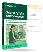 Pudełko dokumentu „Ocena ryzyka zawodowego” ze znakiem Ryzykomat i napisem „Plik Word (DOCX)” na froncie, ilustracja stanowiska „Przedstawiciel handlowy”; zza pudełka wystaje strona prawdziwego dokumentu z rozmytą treścią