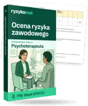 Pudełko dokumentu „Ocena ryzyka zawodowego” ze znakiem Ryzykomat i napisem „Plik Word (DOCX)” na froncie, ilustracja stanowiska „Psychoterapeuta”; zza pudełka wystaje strona prawdziwego dokumentu z rozmytą treścią
