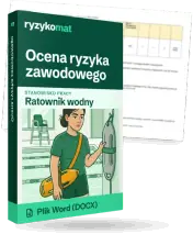 Pudełko dokumentu „Ocena ryzyka zawodowego” ze znakiem Ryzykomat i napisem „Plik Word (DOCX)” na froncie, ilustracja stanowiska „Ratownik wodny”; zza pudełka wystaje strona prawdziwego dokumentu z rozmytą treścią