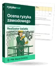Pudełko dokumentu „Ocena ryzyka zawodowego” ze znakiem Ryzykomat i napisem „Plik Word (DOCX)” na froncie, ilustracja stanowiska „Realizator światła”; zza pudełka wystaje strona prawdziwego dokumentu z rozmytą treścią