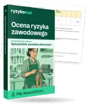 Pudełko dokumentu „Ocena ryzyka zawodowego” ze znakiem Ryzykomat i napisem „Plik Word (DOCX)” na froncie, ilustracja stanowiska „Rękodzielnik wyrobów skórzanych”; zza pudełka wystaje strona prawdziwego dokumentu z rozmytą treścią
