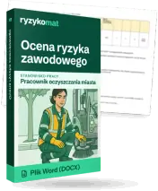 Pudełko dokumentu „Ocena ryzyka zawodowego” ze znakiem Ryzykomat i napisem „Plik Word (DOCX)” na froncie, ilustracja stanowiska „Pracownik oczyszczania miasta”; zza pudełka wystaje strona prawdziwego dokumentu z rozmytą treścią