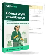 Pudełko dokumentu „Ocena ryzyka zawodowego” ze znakiem Ryzykomat i napisem „Plik Word (DOCX)” na froncie, ilustracja stanowiska „Pracownik gospodarstwa rolnego (uprawy polowe)”; zza pudełka wystaje strona prawdziwego dokumentu z rozmytą treścią