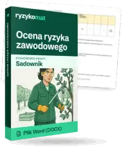 Pudełko dokumentu „Ocena ryzyka zawodowego” ze znakiem Ryzykomat i napisem „Plik Word (DOCX)” na froncie, ilustracja stanowiska „Sadownik”; zza pudełka wystaje strona prawdziwego dokumentu z rozmytą treścią