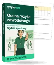 Pudełko dokumentu „Ocena ryzyka zawodowego” ze znakiem Ryzykomat i napisem „Plik Word (DOCX)” na froncie, ilustracja stanowiska „Sędzia sportowy”; zza pudełka wystaje strona prawdziwego dokumentu z rozmytą treścią