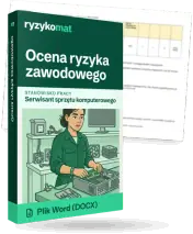 Pudełko dokumentu „Ocena ryzyka zawodowego” ze znakiem Ryzykomat i napisem „Plik Word (DOCX)” na froncie, ilustracja stanowiska „Serwisant sprzętu komputerowego”; zza pudełka wystaje strona prawdziwego dokumentu z rozmytą treścią