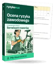 Pudełko dokumentu „Ocena ryzyka zawodowego” ze znakiem Ryzykomat i napisem „Plik Word (DOCX)” na froncie, ilustracja stanowiska „Serwisant rowerów”; zza pudełka wystaje strona prawdziwego dokumentu z rozmytą treścią