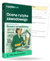 Pudełko dokumentu „Ocena ryzyka zawodowego” ze znakiem Ryzykomat i napisem „Plik Word (DOCX)” na froncie, ilustracja stanowiska „Ślusarz narzędziowy”; zza pudełka wystaje strona prawdziwego dokumentu z rozmytą treścią