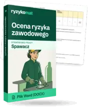 Pudełko dokumentu „Ocena ryzyka zawodowego” ze znakiem Ryzykomat i napisem „Plik Word (DOCX)” na froncie, ilustracja stanowiska „Spawacz”; zza pudełka wystaje strona prawdziwego dokumentu z rozmytą treścią