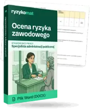 Pudełko dokumentu „Ocena ryzyka zawodowego” ze znakiem Ryzykomat i napisem „Plik Word (DOCX)” na froncie, ilustracja stanowiska „Specjalista administracji publicznej”; zza pudełka wystaje strona prawdziwego dokumentu z rozmytą treścią