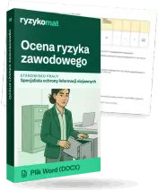 Pudełko dokumentu „Ocena ryzyka zawodowego” ze znakiem Ryzykomat i napisem „Plik Word (DOCX)” na froncie, ilustracja stanowiska „Specjalista ochrony informacji niejawnych”; zza pudełka wystaje strona prawdziwego dokumentu z rozmytą treścią