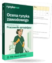 Pudełko dokumentu „Ocena ryzyka zawodowego” ze znakiem Ryzykomat i napisem „Plik Word (DOCX)” na froncie, ilustracja stanowiska „Pracownik sprzątający”; zza pudełka wystaje strona prawdziwego dokumentu z rozmytą treścią