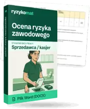 Pudełko dokumentu „Ocena ryzyka zawodowego” ze znakiem Ryzykomat i napisem „Plik Word (DOCX)” na froncie, ilustracja stanowiska „Sprzedawca / kasjer”; zza pudełka wystaje strona prawdziwego dokumentu z rozmytą treścią