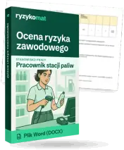 Pudełko dokumentu „Ocena ryzyka zawodowego” ze znakiem Ryzykomat i napisem „Plik Word (DOCX)” na froncie, ilustracja stanowiska „Pracownik stacji paliw”; zza pudełka wystaje strona prawdziwego dokumentu z rozmytą treścią