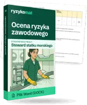 Pudełko dokumentu „Ocena ryzyka zawodowego” ze znakiem Ryzykomat i napisem „Plik Word (DOCX)” na froncie, ilustracja stanowiska „Steward statku morskiego”; zza pudełka wystaje strona prawdziwego dokumentu z rozmytą treścią