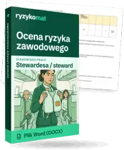 Pudełko dokumentu „Ocena ryzyka zawodowego” ze znakiem Ryzykomat i napisem „Plik Word (DOCX)” na froncie, ilustracja stanowiska „Stewardesa / steward”; zza pudełka wystaje strona prawdziwego dokumentu z rozmytą treścią