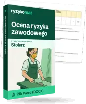 Pudełko dokumentu „Ocena ryzyka zawodowego” ze znakiem Ryzykomat i napisem „Plik Word (DOCX)” na froncie, ilustracja stanowiska „Stolarz”; zza pudełka wystaje strona prawdziwego dokumentu z rozmytą treścią