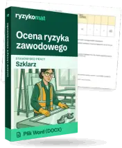 Pudełko dokumentu „Ocena ryzyka zawodowego” ze znakiem Ryzykomat i napisem „Plik Word (DOCX)” na froncie, ilustracja stanowiska „Szklarz”; zza pudełka wystaje strona prawdziwego dokumentu z rozmytą treścią