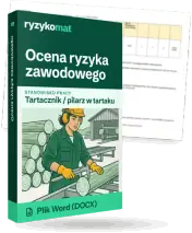 Pudełko dokumentu „Ocena ryzyka zawodowego” ze znakiem Ryzykomat i napisem „Plik Word (DOCX)” na froncie, ilustracja stanowiska „Tartacznik / pilarz w tartaku”; zza pudełka wystaje strona prawdziwego dokumentu z rozmytą treścią