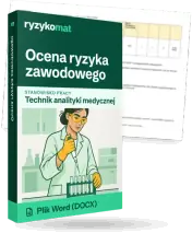 Pudełko dokumentu „Ocena ryzyka zawodowego” ze znakiem Ryzykomat i napisem „Plik Word (DOCX)” na froncie, ilustracja stanowiska „Technik analityki medycznej”; zza pudełka wystaje strona prawdziwego dokumentu z rozmytą treścią