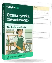 Pudełko dokumentu „Ocena ryzyka zawodowego” ze znakiem Ryzykomat i napisem „Plik Word (DOCX)” na froncie, ilustracja stanowiska „Technik architekt”; zza pudełka wystaje strona prawdziwego dokumentu z rozmytą treścią