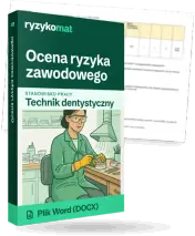 Pudełko dokumentu „Ocena ryzyka zawodowego” ze znakiem Ryzykomat i napisem „Plik Word (DOCX)” na froncie, ilustracja stanowiska „Technik dentystyczny”; zza pudełka wystaje strona prawdziwego dokumentu z rozmytą treścią