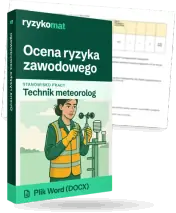 Pudełko dokumentu „Ocena ryzyka zawodowego” ze znakiem Ryzykomat i napisem „Plik Word (DOCX)” na froncie, ilustracja stanowiska „Technik meteorolog”; zza pudełka wystaje strona prawdziwego dokumentu z rozmytą treścią