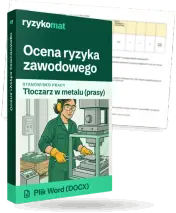 Pudełko dokumentu „Ocena ryzyka zawodowego” ze znakiem Ryzykomat i napisem „Plik Word (DOCX)” na froncie, ilustracja stanowiska „Tłoczarz w metalu (prasy)”; zza pudełka wystaje strona prawdziwego dokumentu z rozmytą treścią
